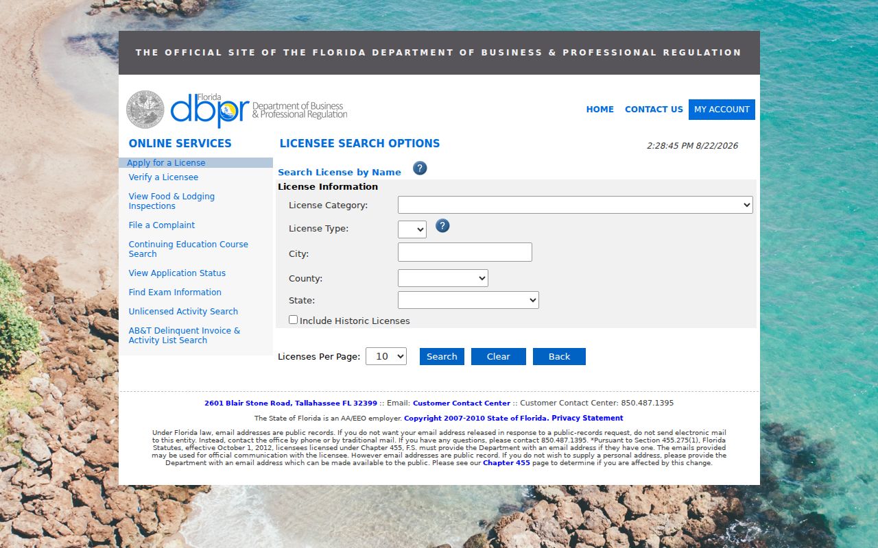 Oakland Park resident lookup professional license search